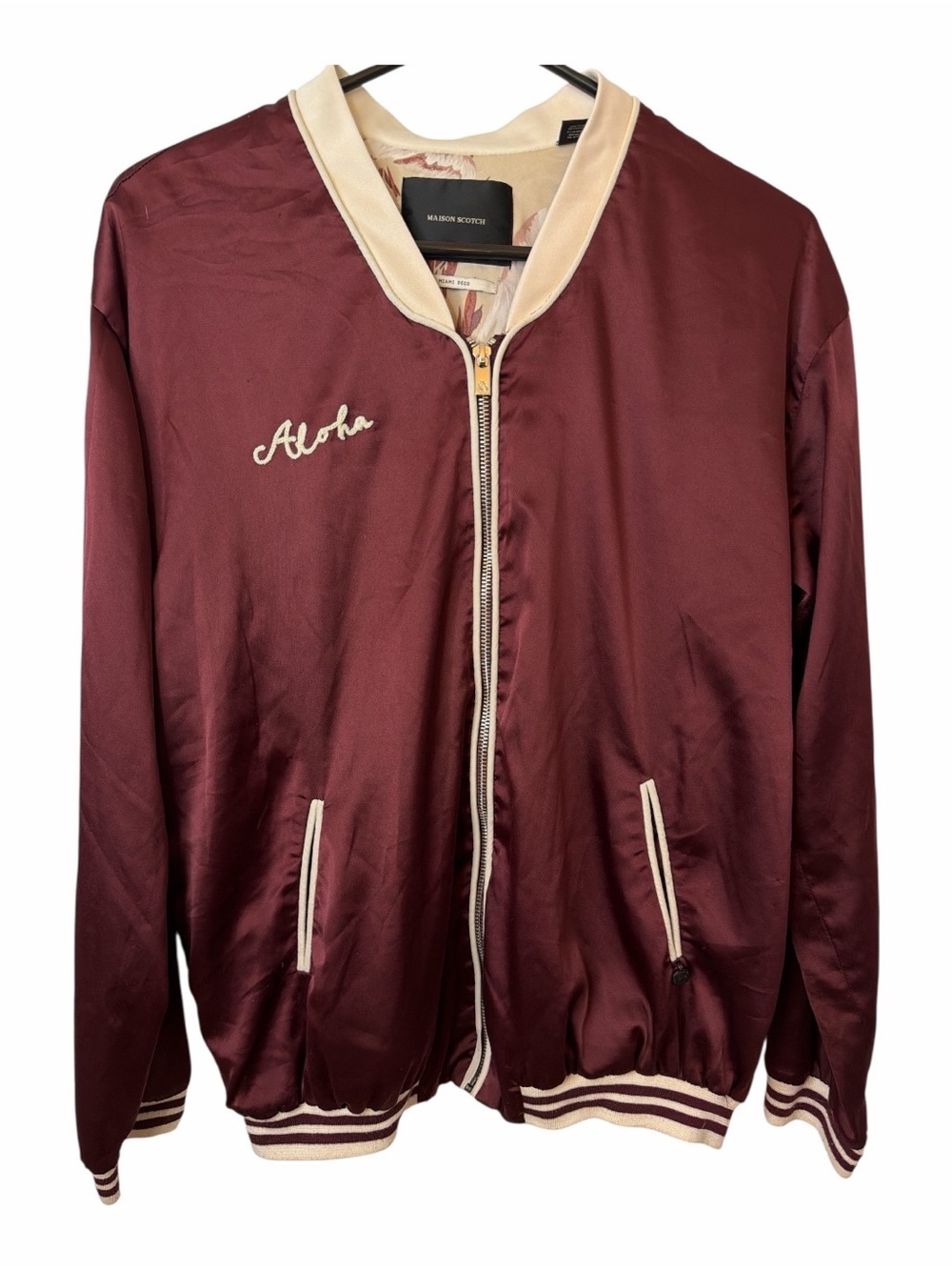 Madison Scotch Miami Deco Maroon Bomber Jacket Hawaii Aloha Embroidery